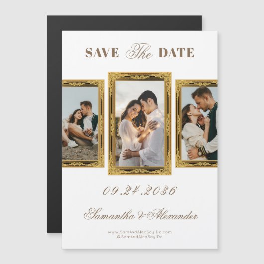 Bronze  Lijst Script 3 Foto De datum opslaan Magnetische Uitnodiging (Voorkant / Achterkant)