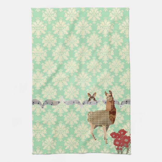 Bronze Llama & Butterfly Mint Julep Damask Theedoek (Verticaal)