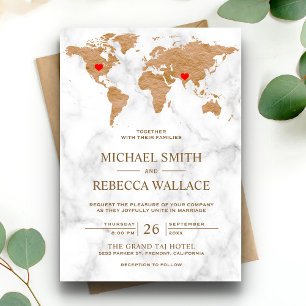 Bronze Marble Wereldkaart Traveling Hearts Wedding Kaart