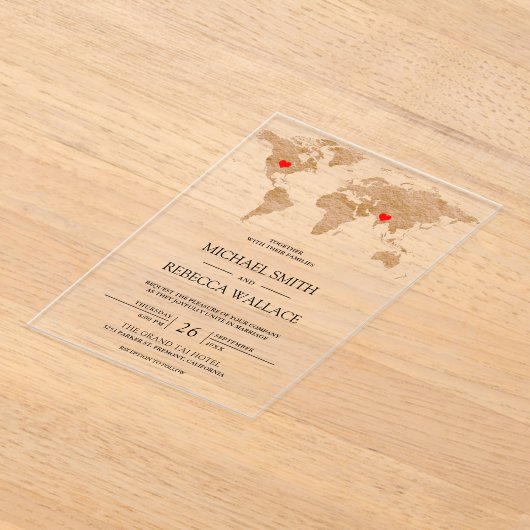 Bronze Marble World Map Traveling Hearts Wedding Acryl Uitnodigingen (Laagn)