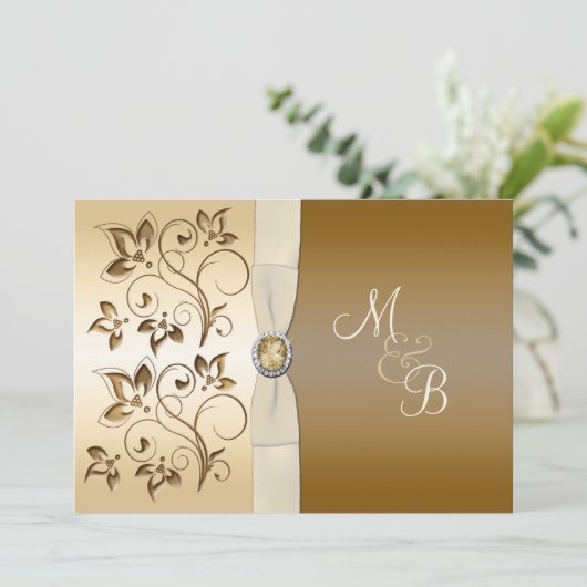Bronze met Ivory Ribbon Monogrammed Uitnodiging (Staand voorkant)