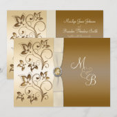 Bronze met Ivory Ribbon Monogrammed Uitnodiging (Voorkant / Achterkant)