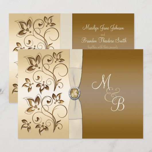 Bronze met Ivory Ribbon Monogrammed Uitnodiging (Voorkant / Achterkant)