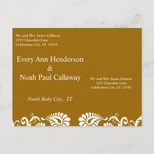 Bronze Mist Rich Caramel en White Damask Aankondigingskaart (Achterkant)