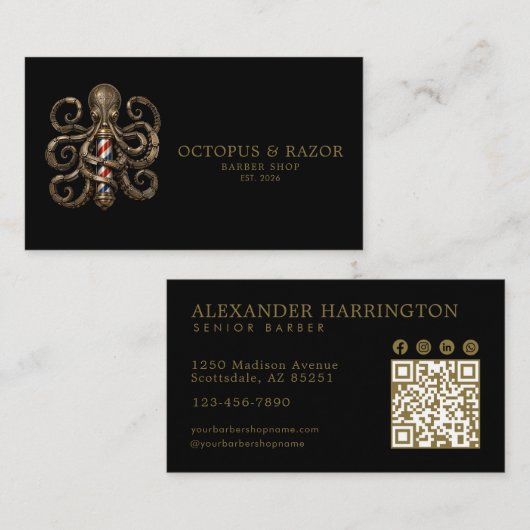 Bronze Octopus Professional Kapperszaak Qr Code Visitekaartje (Voorkant / Achterkant)