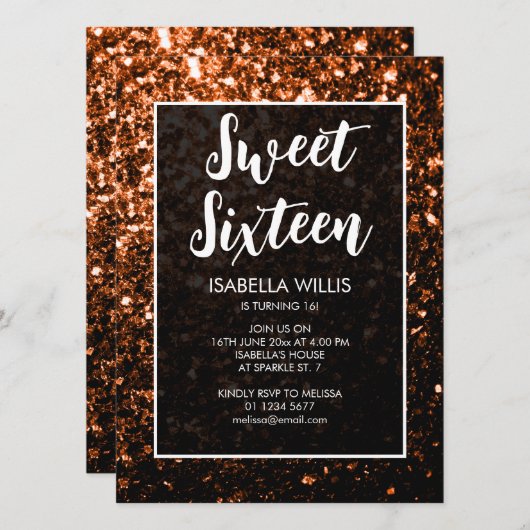 Bronze oranje sparkles Sweet 16 elegant script Kaart (Voorkant / Achterkant)