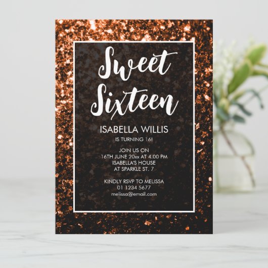Bronze oranje sparkles Sweet 16 elegant script Kaart (Staand voorkant)