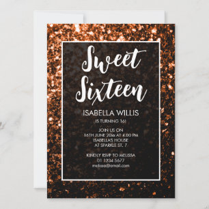 Bronze oranje sparkles Sweet 16 elegant script Kaart