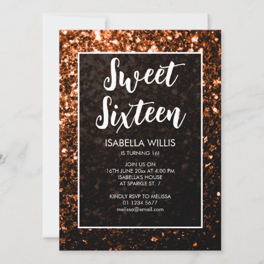 Bronze oranje sparkles Sweet 16 elegant script Kaart (Voorkant)