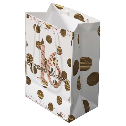 Bronze Polka Dots Roos Gold Sweet 16 Birthday Medium Cadeauzakje (Voorkant Gekanteld)