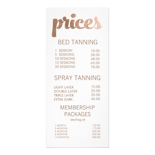 Bronze Tanning Salon Menu Prijs Lijst Kaarten (Voorkant)