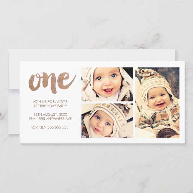 Bronzen 1e verjaardag witte 3-raam fotokaartje (Voorkant)