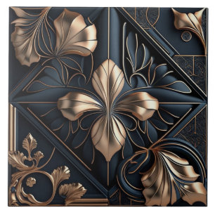 Bronzen Art Deco bloemmotief met diamantpatroon Tegeltje