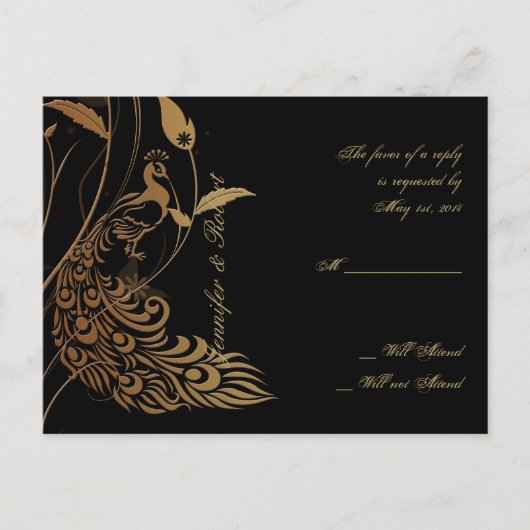 Bronzen Art Deco Pauw en Bloemen RSVP Briefkaart (Voorkant)