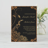 Bronzen Art Deco Peacock Bloemen Bruiloft Uitnodig Kaart (Staand voorkant)