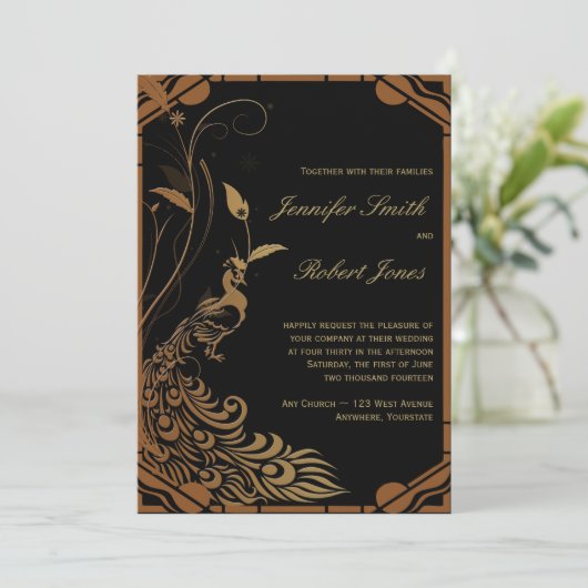 Bronzen Art Deco Peacock Bloemen Bruiloft Uitnodig Kaart (Staand voorkant)