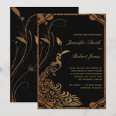 Bronzen Art Deco Peacock Bloemen Bruiloft Uitnodig Kaart (Voorkant / Achterkant)
