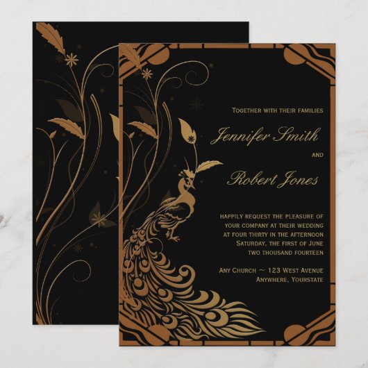 Bronzen Art Deco Peacock Bloemen Bruiloft Uitnodig Kaart (Voorkant / Achterkant)