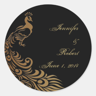 Bronzen Art Deco Peacock en Bloemen Envelop Seal Ronde Sticker