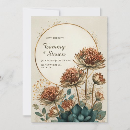 Bronzen Astrantia Teal Botanische Trouwbloemen Kaart (Voorkant)