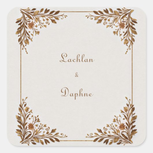 Bronzen Blad Metallic Gouden Frame Trouwdag Vierkante Sticker (Voorkant)