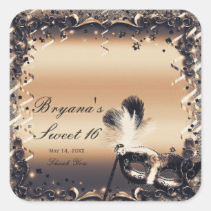 Bronzen & Crème Maskerademasker Elegant Balfeest Vierkante Sticker