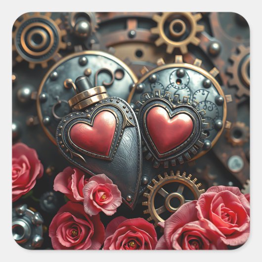 Bronzen en Gouden Metalen Hart en Gears Steampunk Vierkante Sticker (Voorkant)