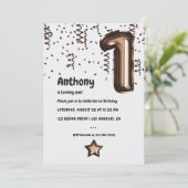 Bronzen Faux Folie Balloon 1e Verjaardagsuitnodigi Kaart (Staand voorkant)