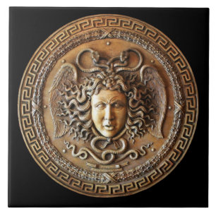 Bronzen Franse Medusa wandtegel met Griekse sleute Tegeltje