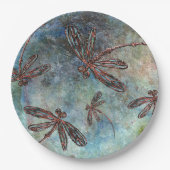 Bronzen getipte libellen op een sterrenhemel papieren bordje (Voorkant)