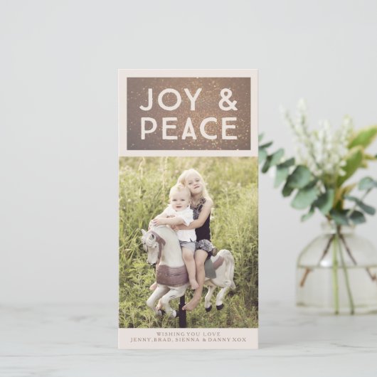 Bronzen Glitter Joy & Peace Xmas-fotokaart Feestdagenkaart (Staand voorkant)