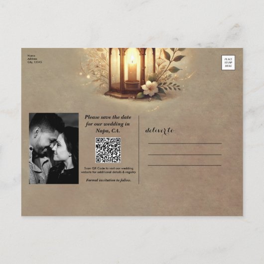 Bronzen Gloeiende Lantaarn Romantisch Rustiek Save Aankondigingskaart (Achterkant)