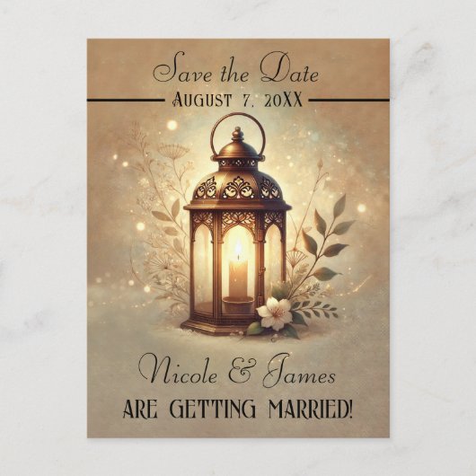 Bronzen Gloeiende Lantaarn Romantisch Rustiek Save Aankondigingskaart (Voorkant)