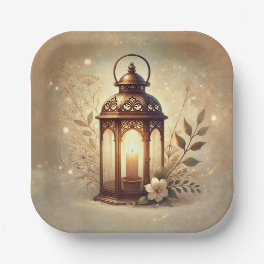 Bronzen Gloeiende Lantaarn Romantische Rustieke Hu Papieren Bordje (Voorkant)