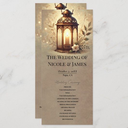 Bronzen Gloeiende Lantaarn Rustiek Trouwprogramma Programmakaart (Voorkant / Achterkant)