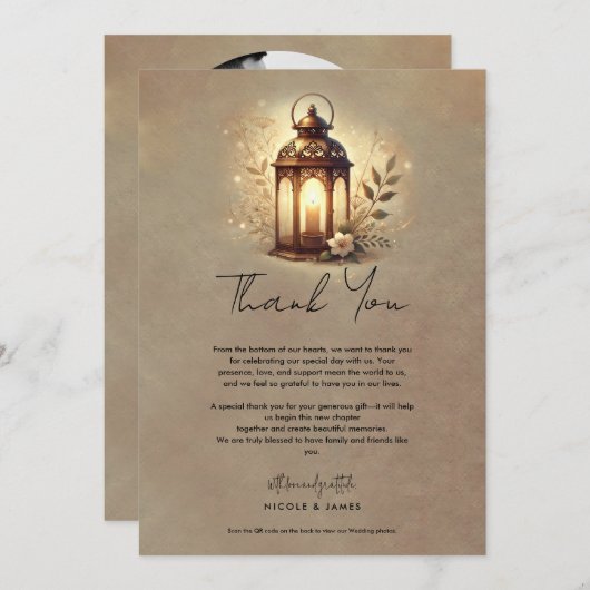 Bronzen Gloeiende Lantaarn Rustieke bruiloft Dank Kaart (Voorkant / Achterkant)