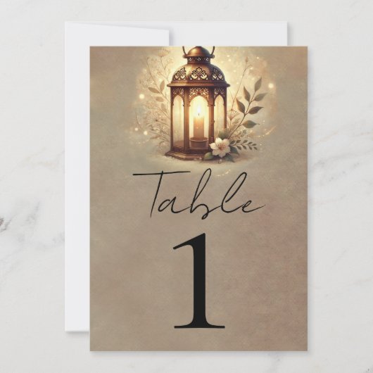 Bronzen Gloeiende Lantaarn Rustieke Trouwtafel Num Kaart (Voorkant)