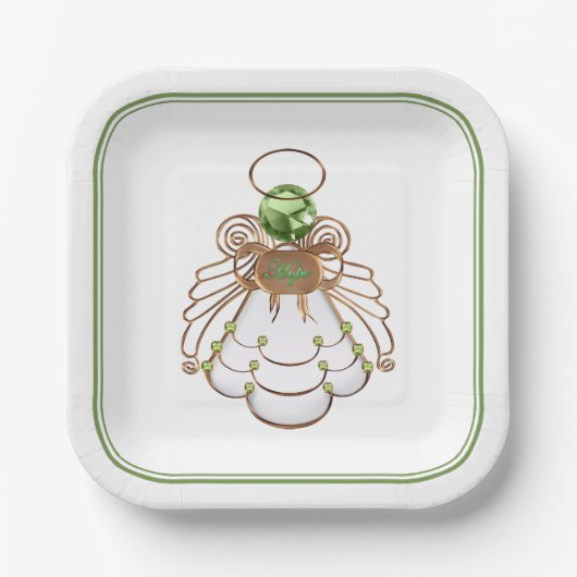 Bronzen & Groene Kerst Engel van Hoop Filigraan Papieren Bordje (Voorkant)