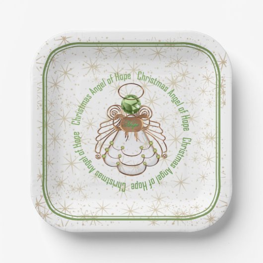 Bronzen & Groene Kerst Engel van Hoop & Sterren Papieren Bordje (Voorkant)