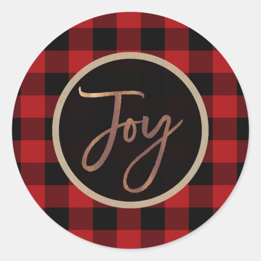 Bronzen JOY Kerstvakantie Rood Buffel Plaid Ronde Sticker (Voorkant)