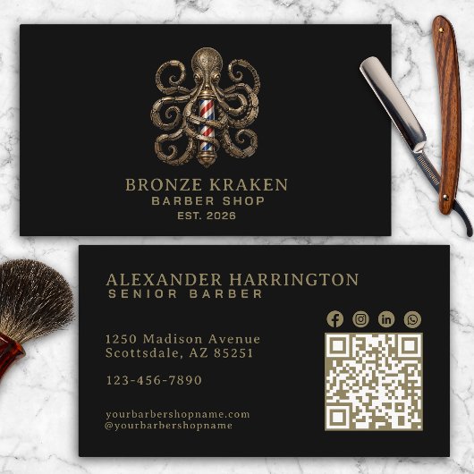 Bronzen Octopus Kapperszaak Qr Code Sociale Iconen Visitekaartje