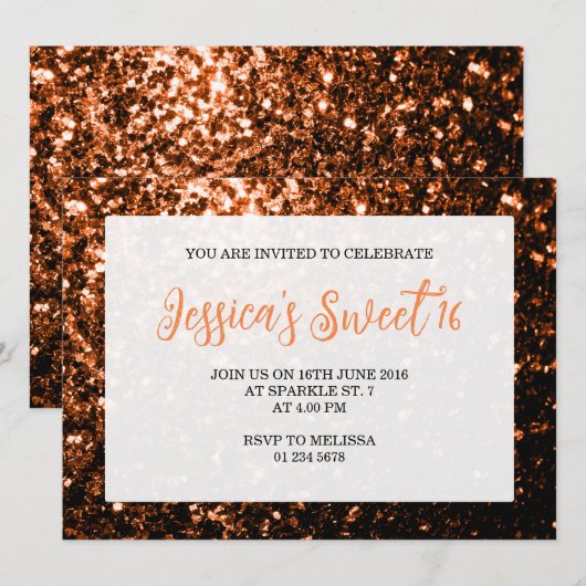 Bronzen oranje sprankels Sweet 16 elegante script Kaart (Voorkant / Achterkant)