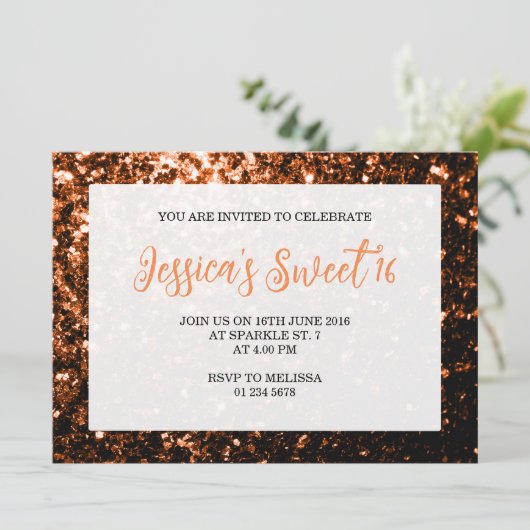 Bronzen oranje sprankels Sweet 16 elegante script Kaart (Staand voorkant)