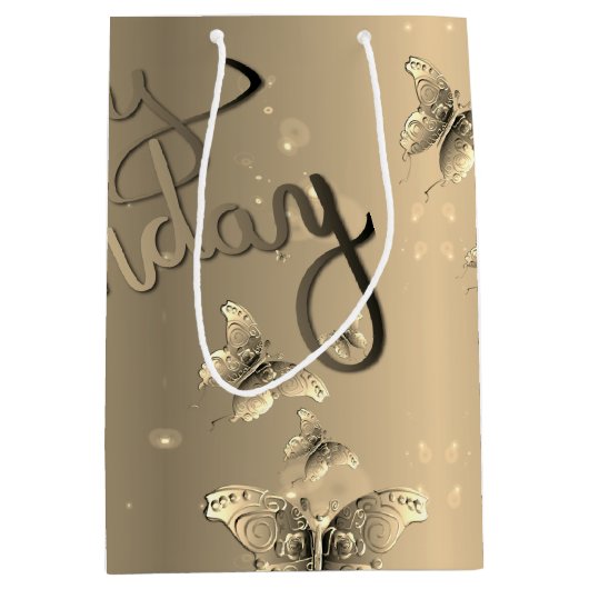 Bronzy "Happy Birthday" 3D Butterflies Medium Cadeauzakje (Voorkant)