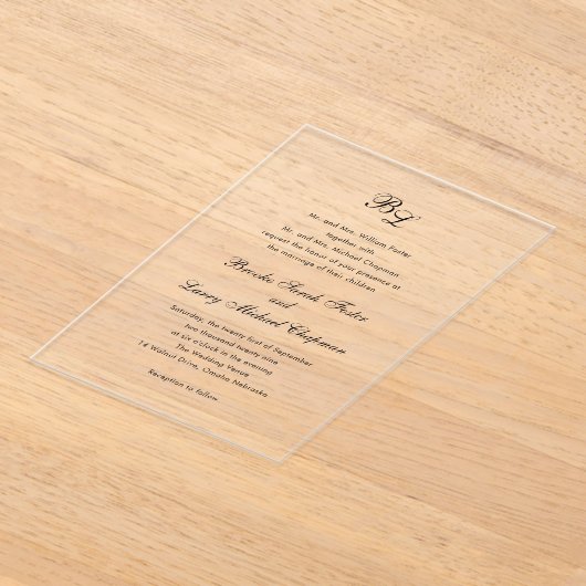 Brooke Classic Script Monogram Elegante bruiloft Acryl Uitnodigingen (Laagn)