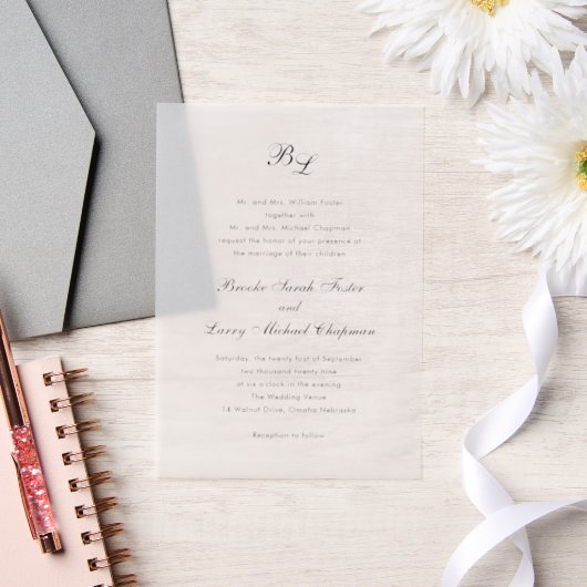 Brooke Classic Script Monogram Elegante bruiloft Vellum Uitnodigingen (Huwelijk)