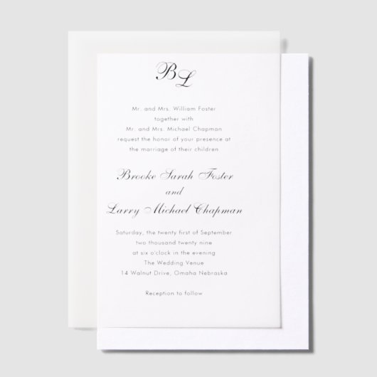 Brooke Classic Script Monogram Elegante bruiloft Vellum Uitnodigingen (Offset)
