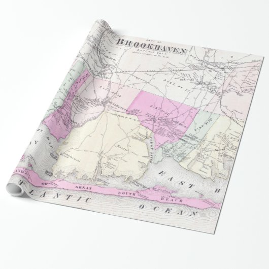  Brookhaven en Fire Island NY Map (1873) Cadeaupapier (Uitgerold)