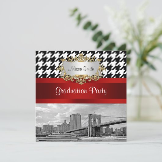 Brooklyn Bridge Blk Wht Houndstooth Afstuderen Kaart (Staand voorkant)