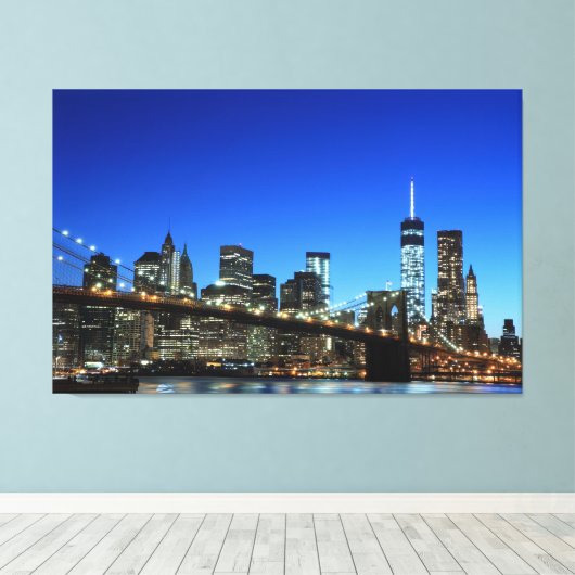Brooklyn Bridge en Manhattan Skyline At Night, New Canvas Afdruk (Insitu (Houten vloer))